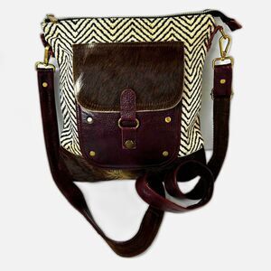 Myra Mixed Media Wine Leather Chevron Fabric Haircalf Shoulder Crossbody Bag